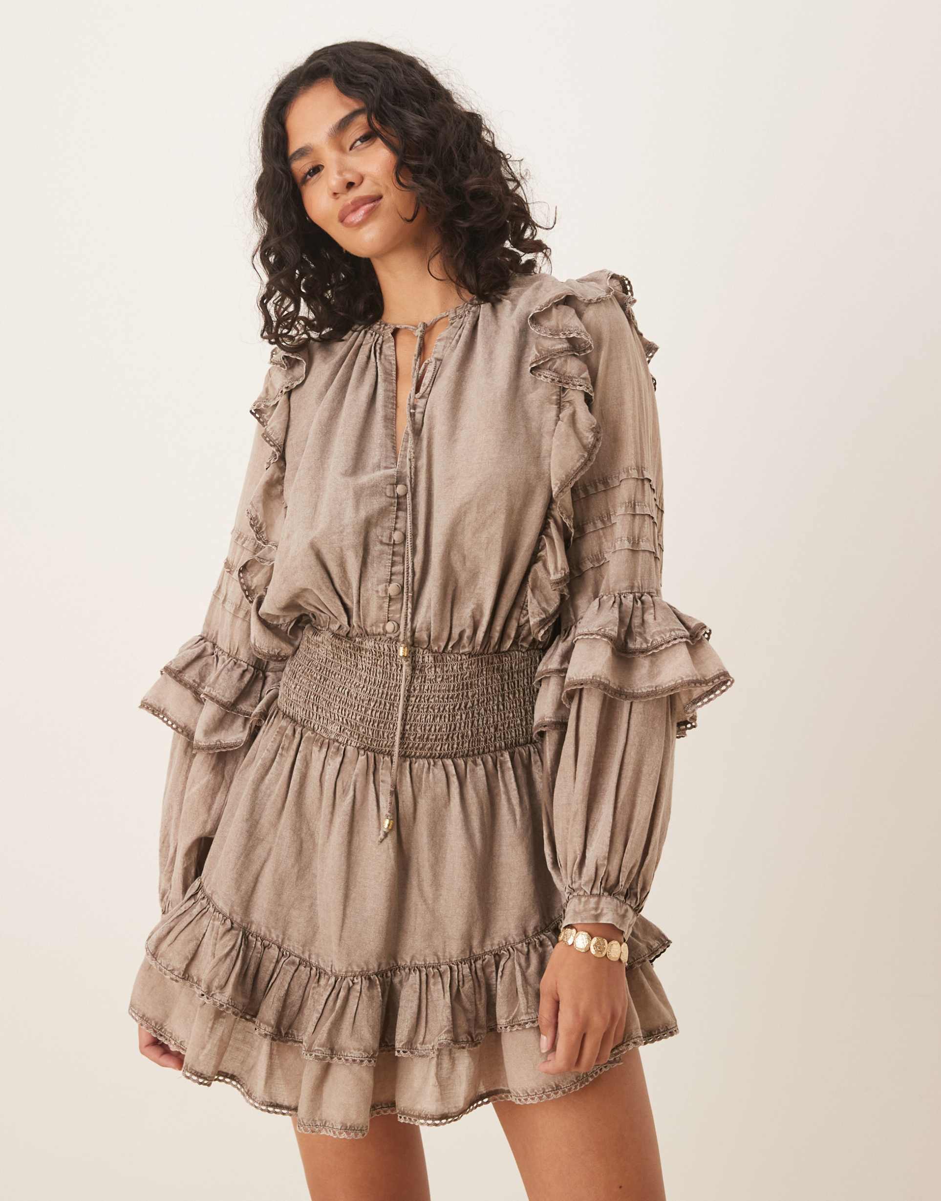 asos design voile mini dress with shirred waist and ruffle hem in washed gray