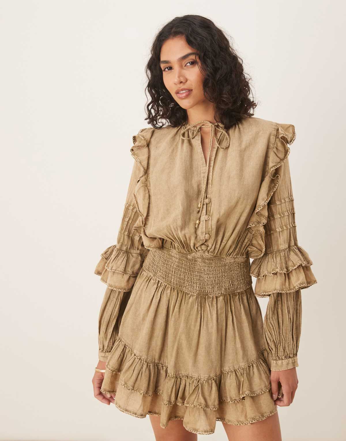 ASOS DESIGN voile mini dress with shirred waist and ruffle hem in washed khaki