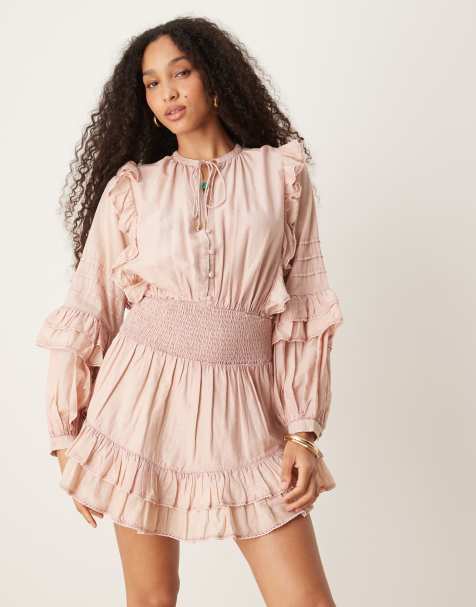 ASOS DESIGN voile mini dress with shirred waist and ruffle hem in washed pink - view 1