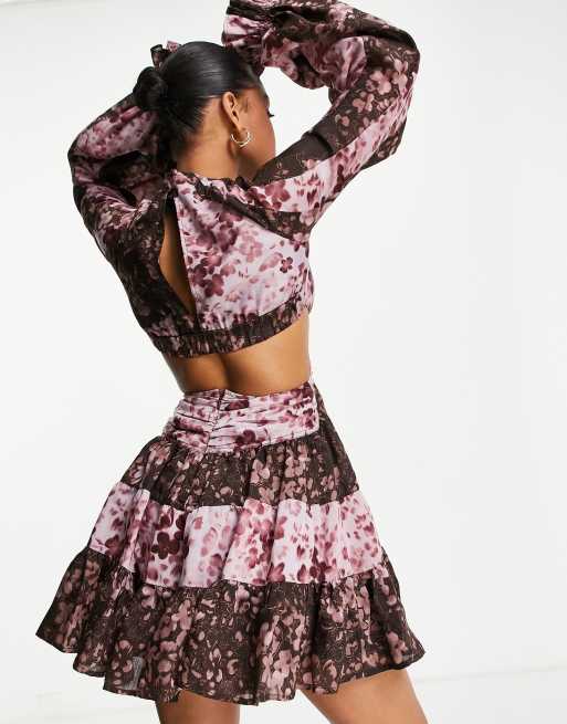 ASOS DESIGN voile mini dress with twist front in patched abstract floral print, 2 of 4