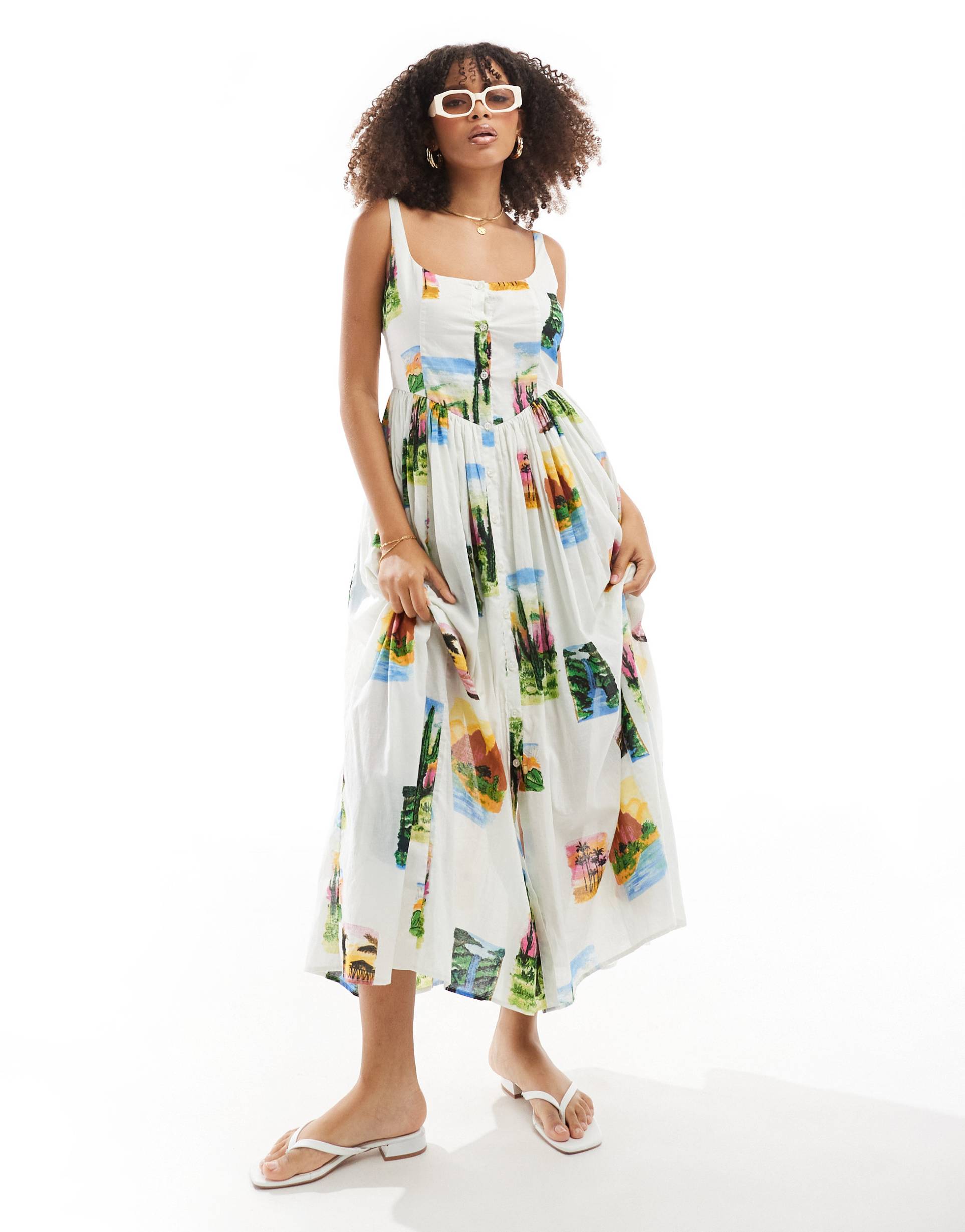 asos design voile picnic midi sundress in postcard print