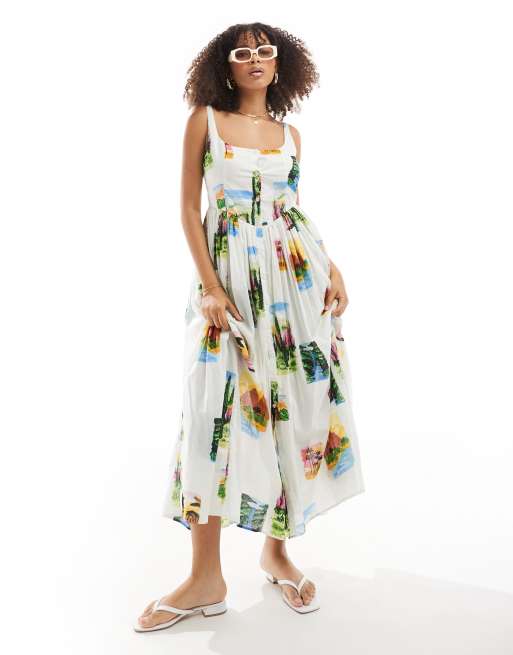 ASOS DESIGN voile picnic midi sundress in postcard print