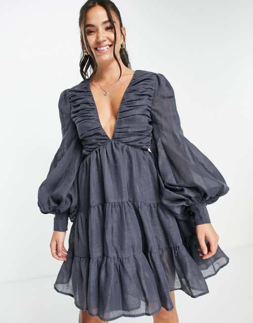 dress with voile and pleat Women's Hazel Pleated Asymmetric Sleeved Organza Voile Midi Dress S/M/L/Customize Blue/Pink/Cream Beige/Red MEAN BLVD L / Cream Beige