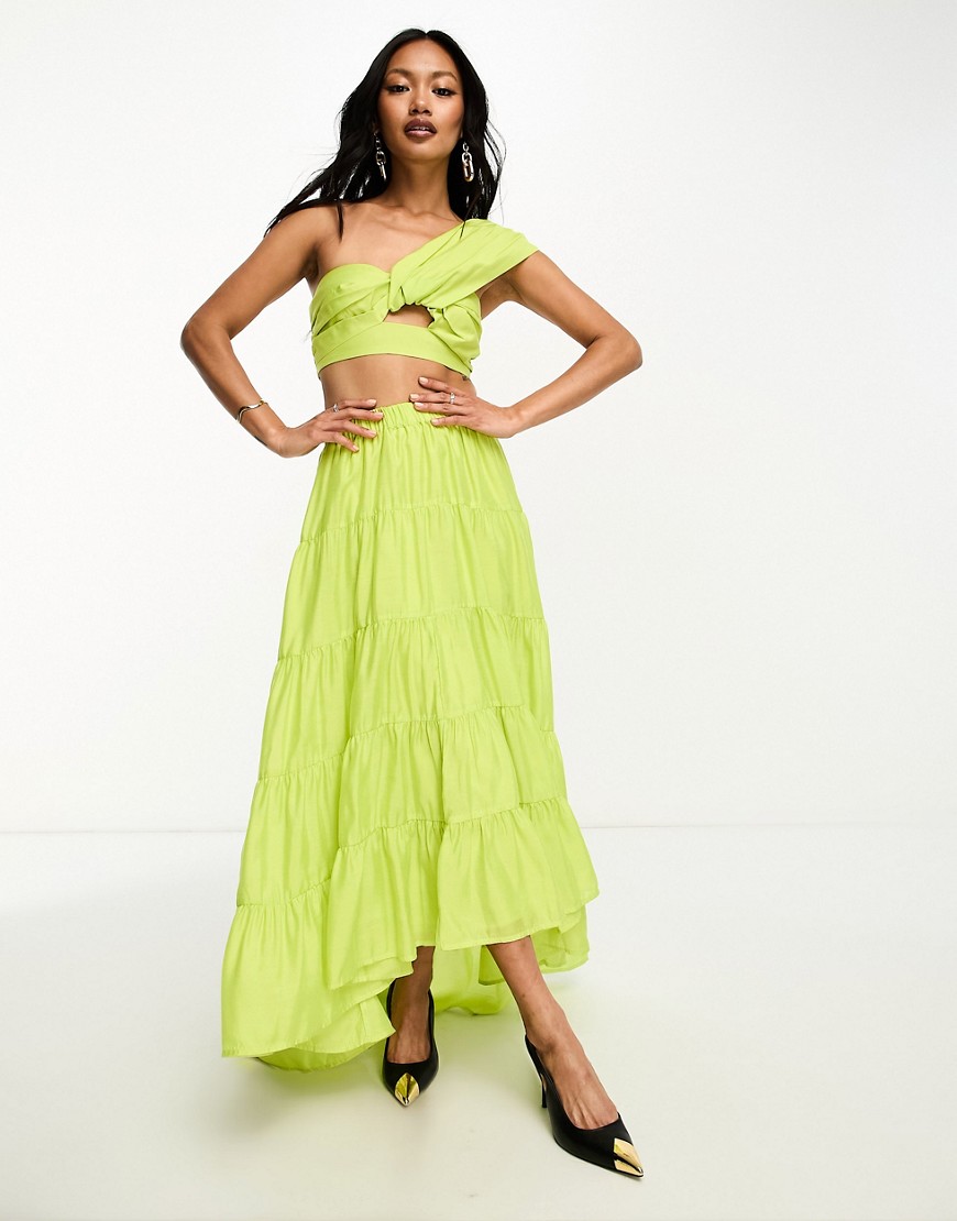 ASOS DESIGN voile tiered maxi skirt with high low hem co-ord in green