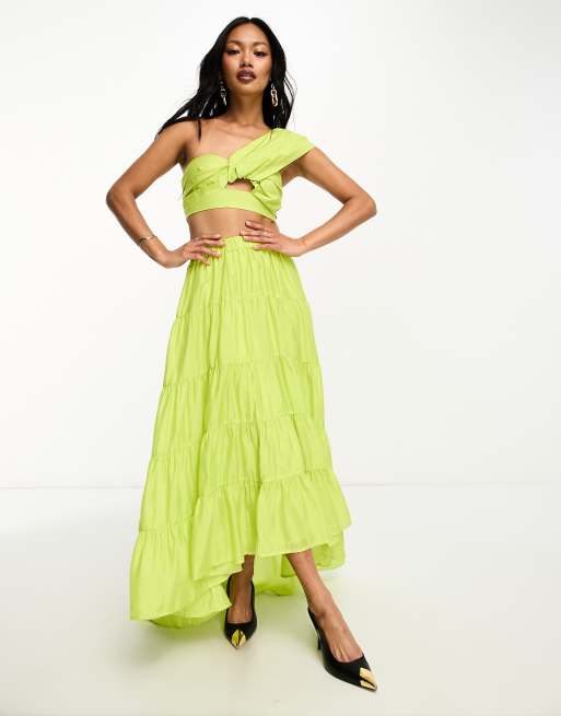 ASOS DESIGN voile tiered maxi skirt with high low hem in green part of a set