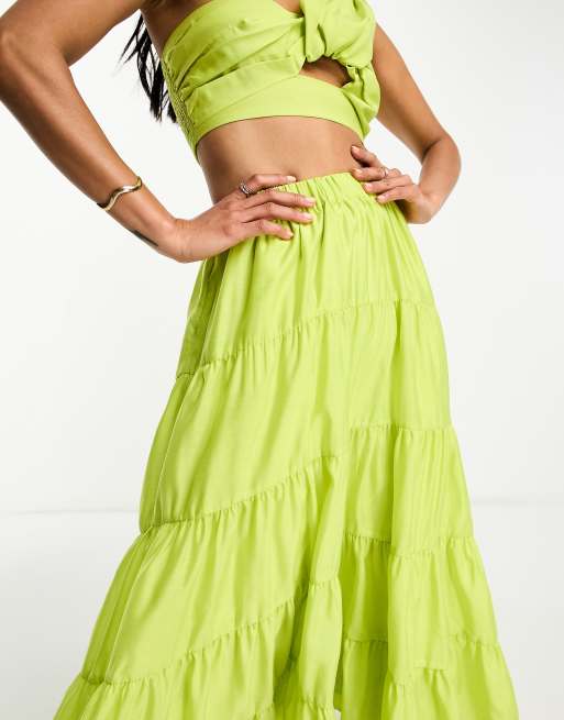 ASOS DESIGN voile tiered maxi skirt with high low hem in green part of a set