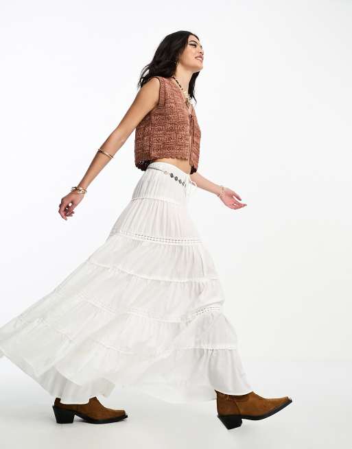ASOS DESIGN - Volle maxi-prairierok met stroken in wit 