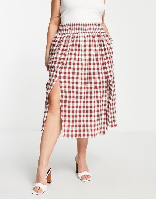 ASOS DESIGN - Volle midirok met zakken en gingham ruit met textuur in bruin en wit