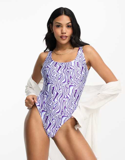 ASOS DESIGN - Vollere buste - Badpak met lage ronde hals in abstracte print
