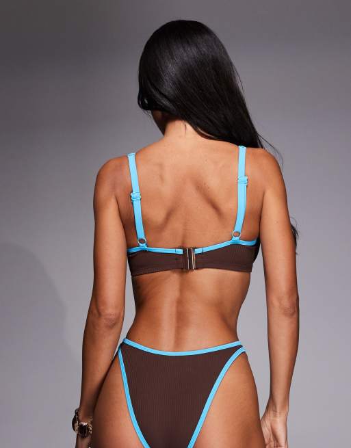 ASOS DESIGN - Vollere buste - Ronnie - Geribbelde bikinitop met beugel en contrasterende biezen in chocoladebruin, 2 van 4