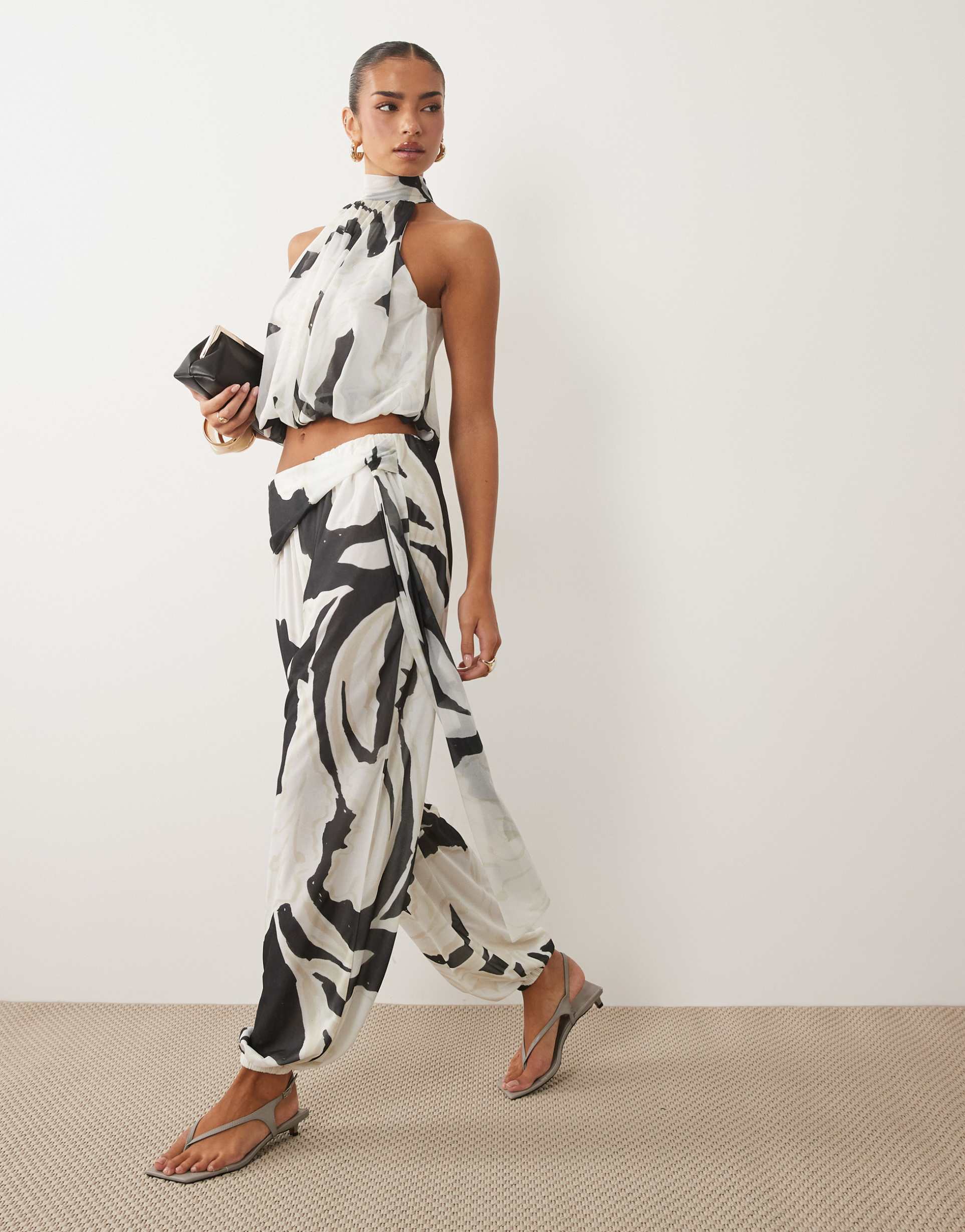 asos design volume balloon pants with wrap front detail in black and white print - part of a set