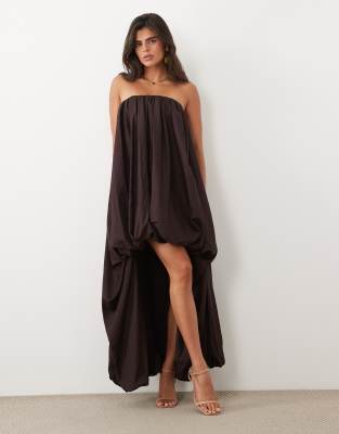 Asos Design Volume Bubble Bandeau Maxi Dress High Low Hem In Brown