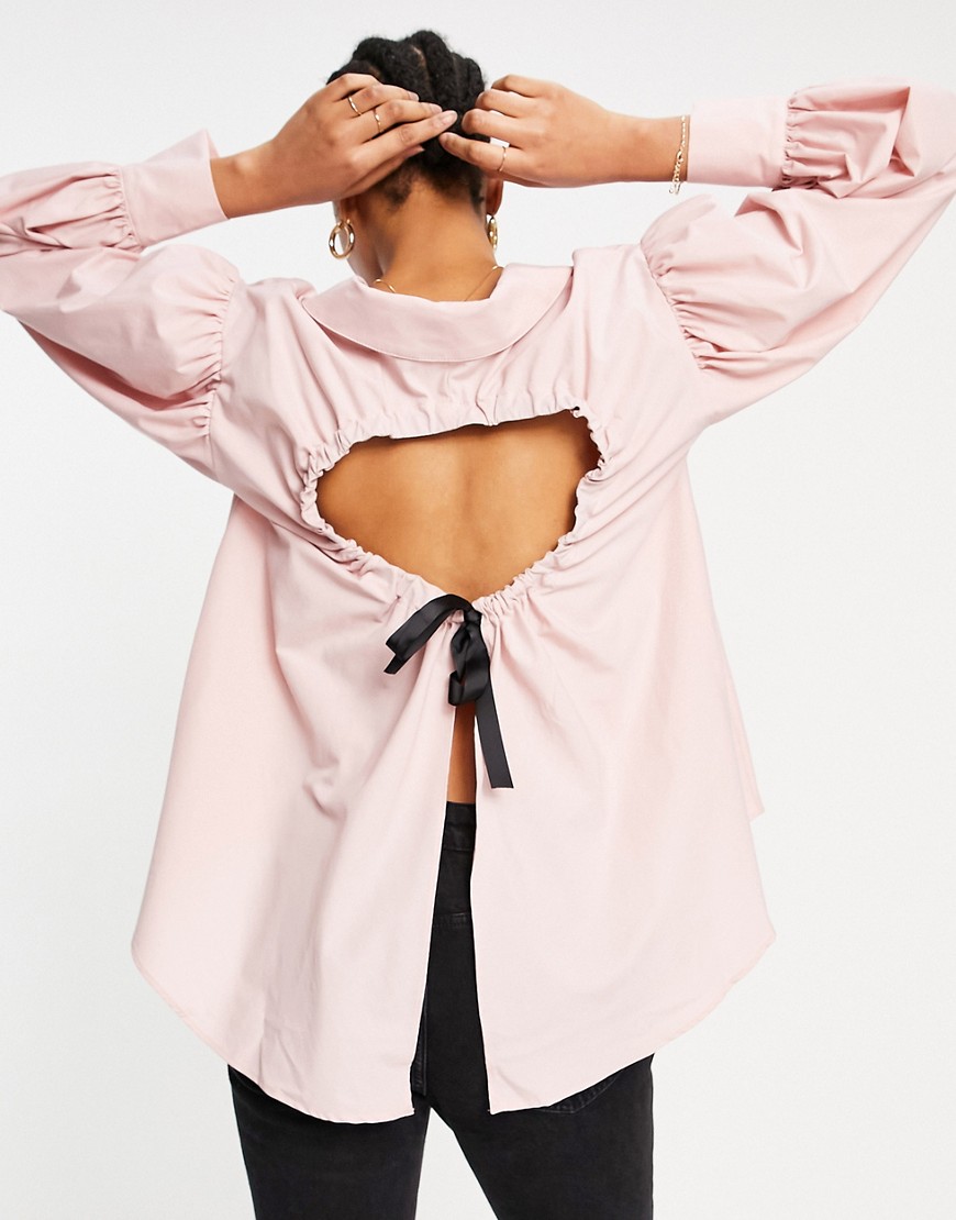 ASOS DESIGN volume detail collared shirt with open back in pink