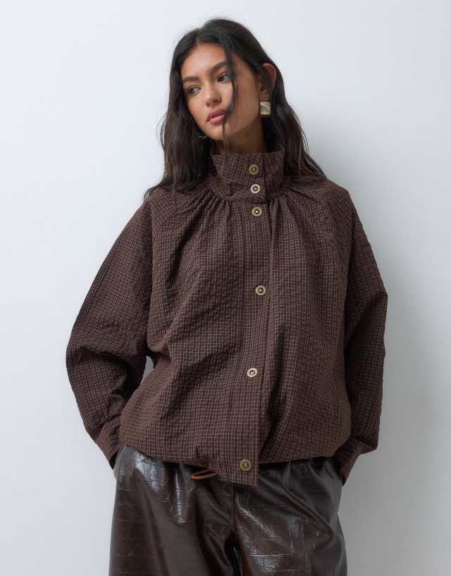 ASOS DESIGN volume detail funnel neck shacket in check