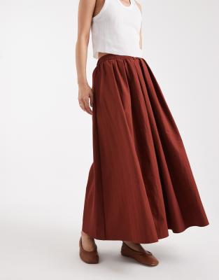 Asos Design Volume Detail Midi Skirt In Brown