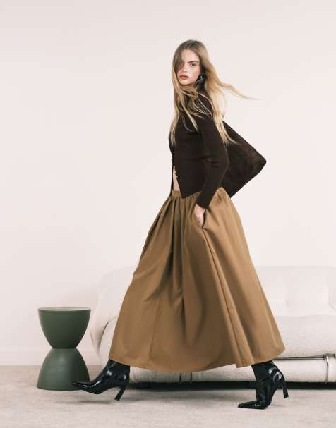 ASOS DESIGN volume detail midi skirt in dark camel - view 1