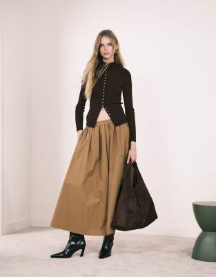 Asos Design Volume Detail Midi Skirt In Brown