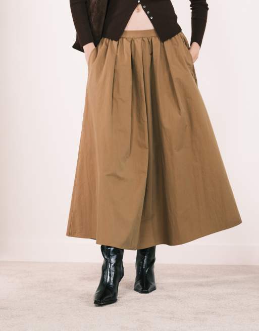 ASOS DESIGN volume detail midi skirt in dark camel