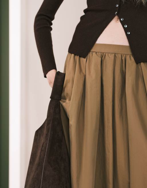 ASOS DESIGN volume detail midi skirt in dark camel