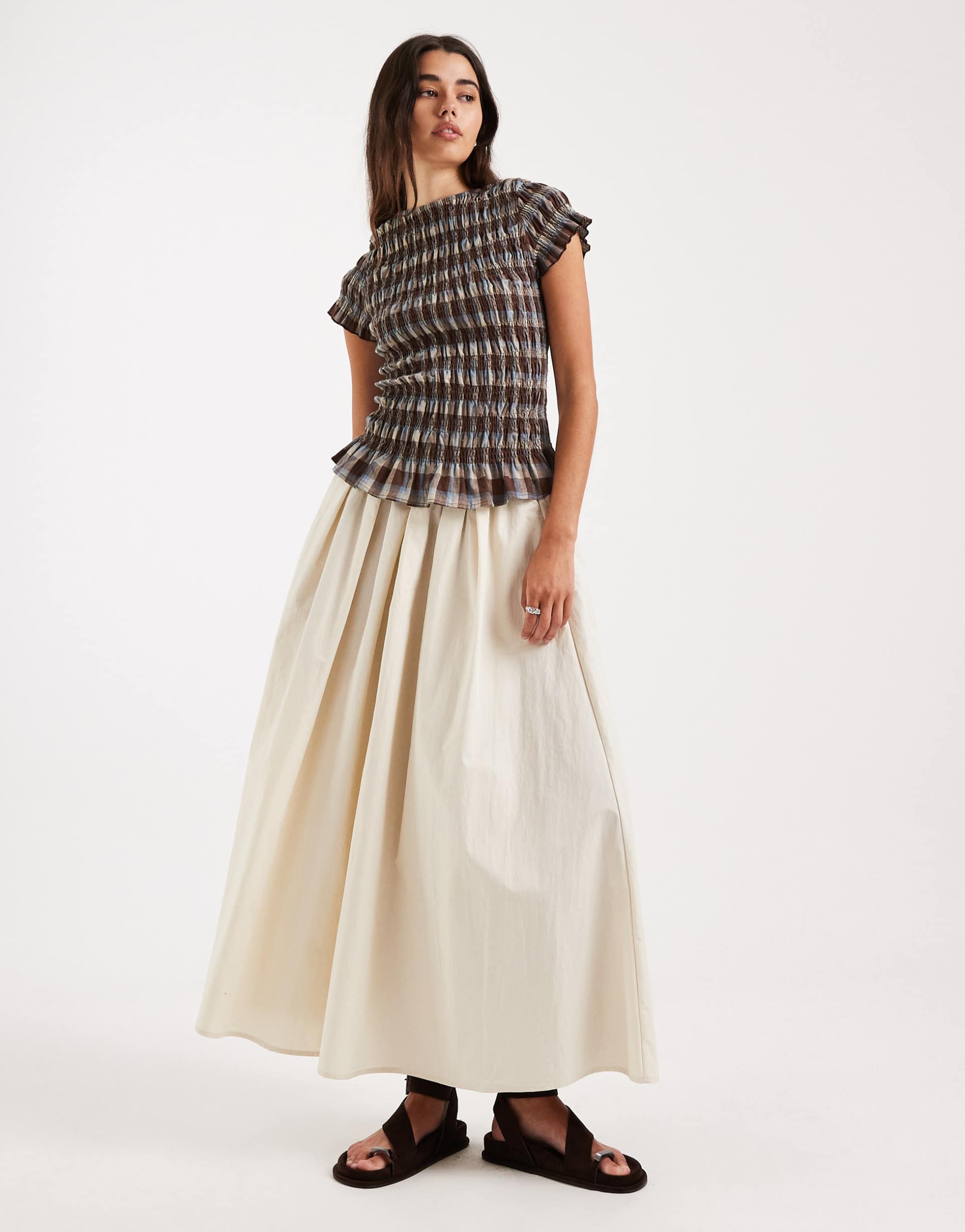 asos design volume detail midi skirt in stone