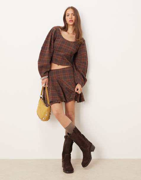 ASOS DESIGN volume detail mini skirt in brown plaid - part of a set - view 1