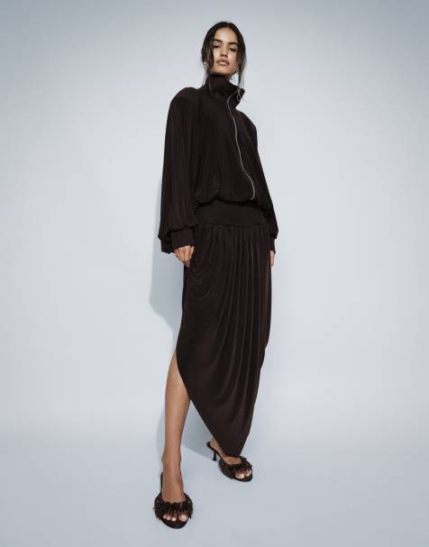 ASOS DESIGN volume drape co-ord maxi skirt in brown - view 1