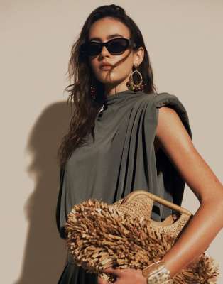 Asos Design Volume Drape Padded Shoulder Top Set In Gray