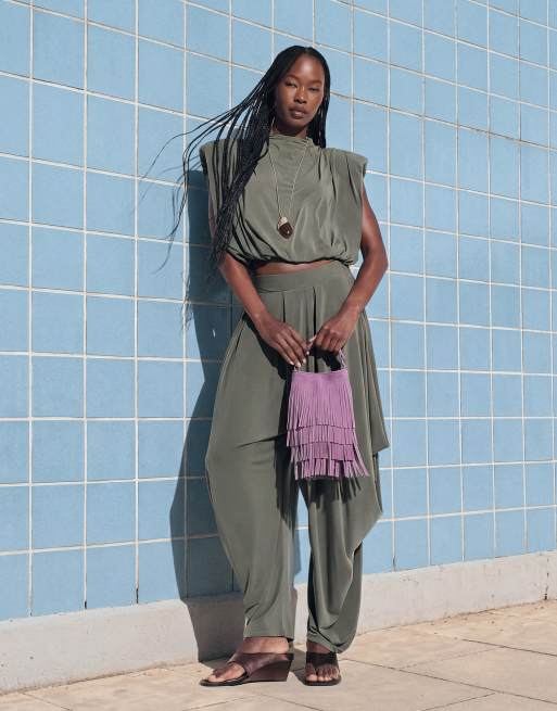 ASOS DESIGN volume drape padded shoulder top set in khaki, 5 of 5