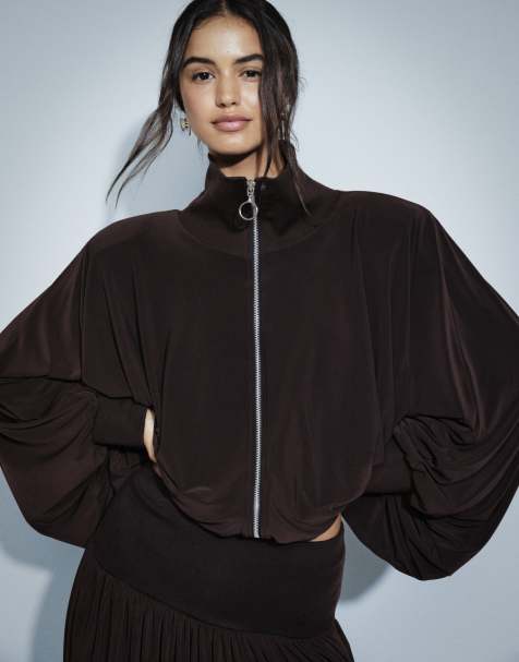 ASOS DESIGN volume drape zip up top in brown (part of a set) - view 1