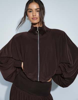 Asos Design Volume Drape Zip Up Top In Green
