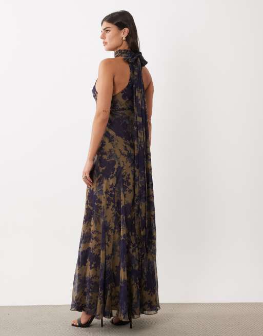 ASOS DESIGN volume halter maxi dress with scarf in baroque floral print, 2 of 4