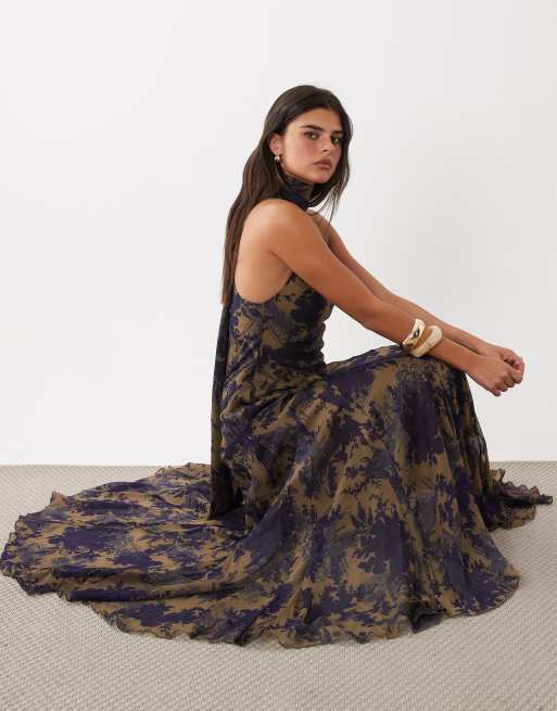 ASOS DESIGN volume halter maxi dress with scarf in baroque floral print, 4 of 4