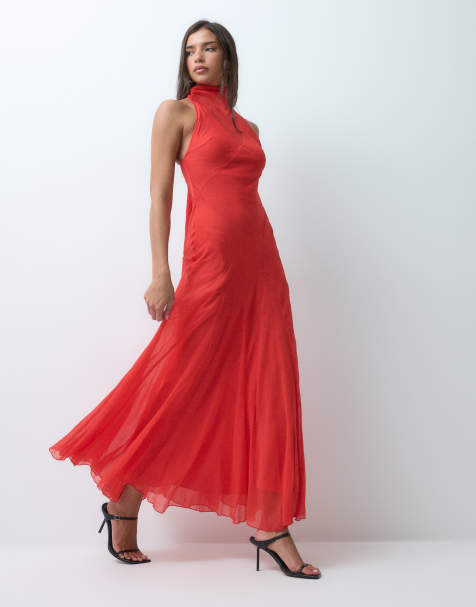 ASOS DESIGN volume halter maxi dress with scarf in red
