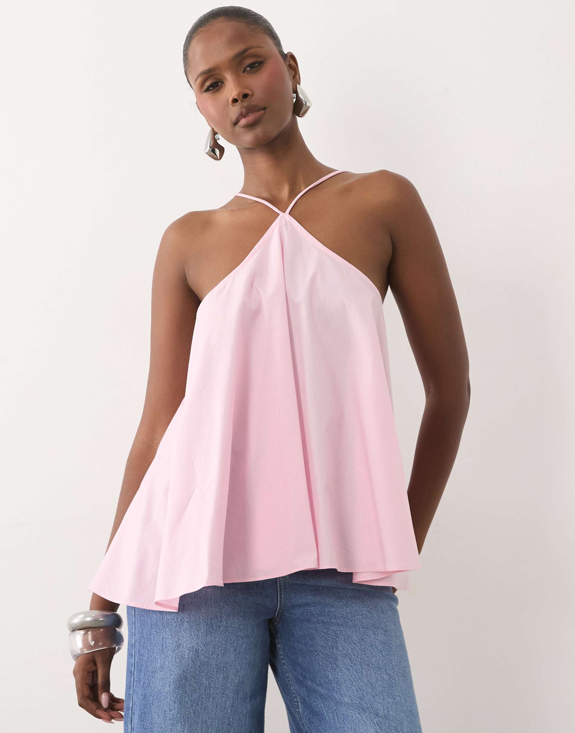 asos design volume halter neck cami top in pink