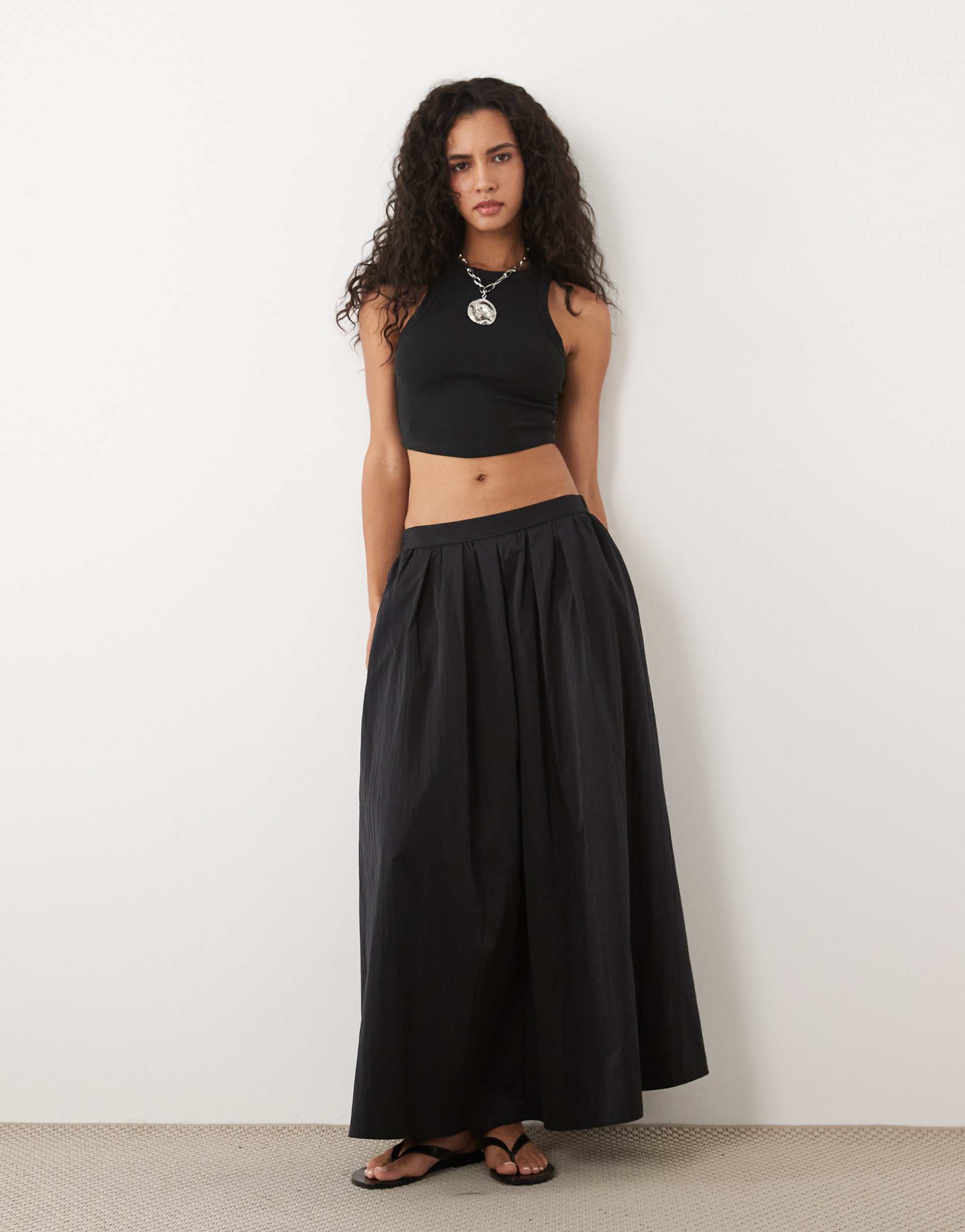asos design volume midi skirt in cotton in black
