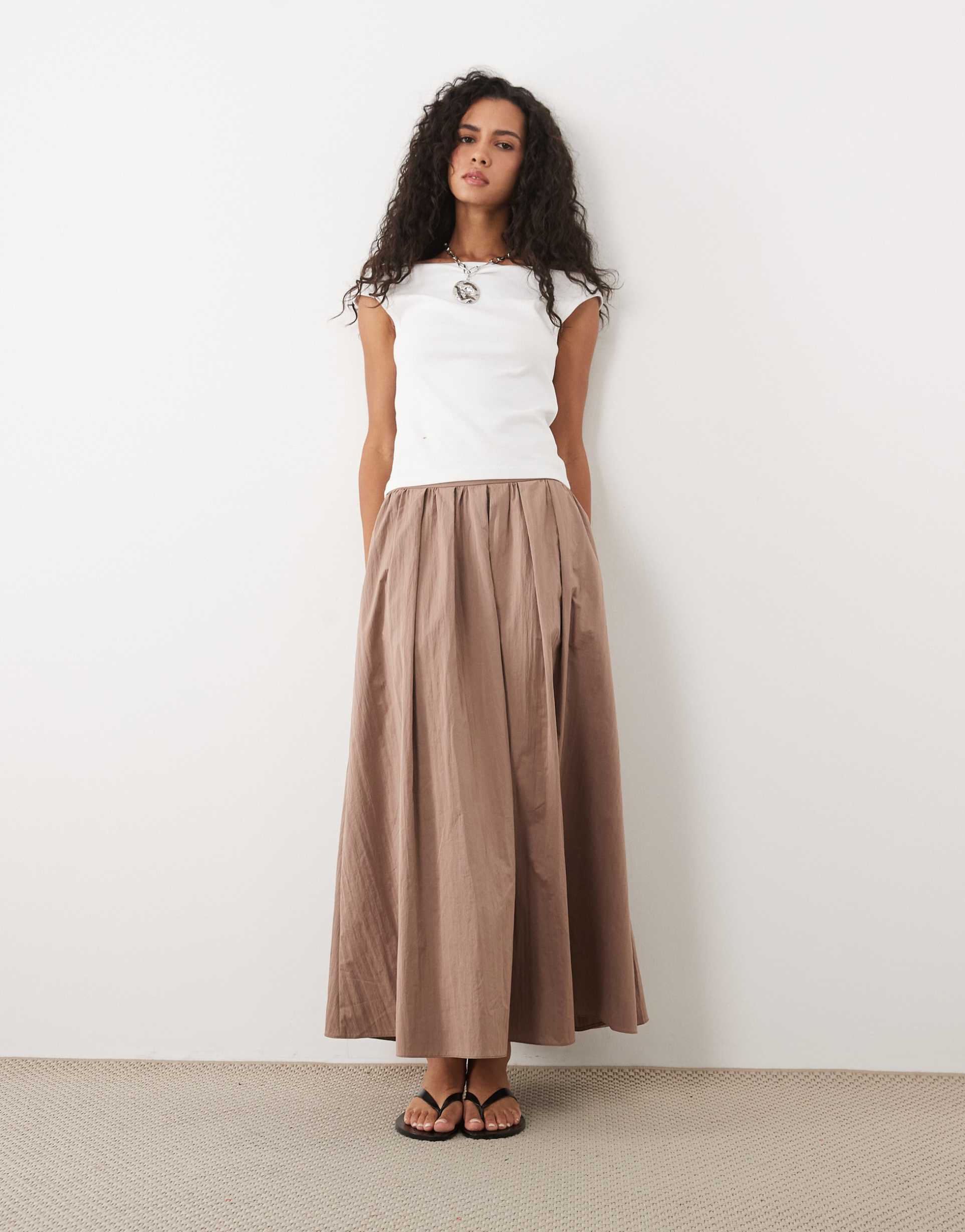 asos design volume midi skirt in cotton in stone