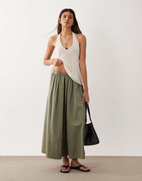ASOS DESIGN volume midi skirt in cotton look in khaki - view 1