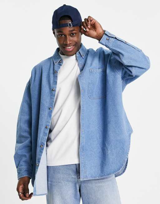 ASOS DESIGN volume overshirt vintage denim shirt in mid blue