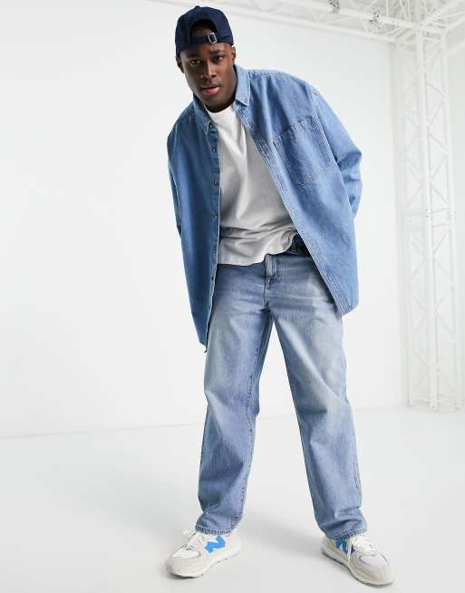 ASOS DESIGN volume overshirt vintage denim shirt in mid blue ASOS