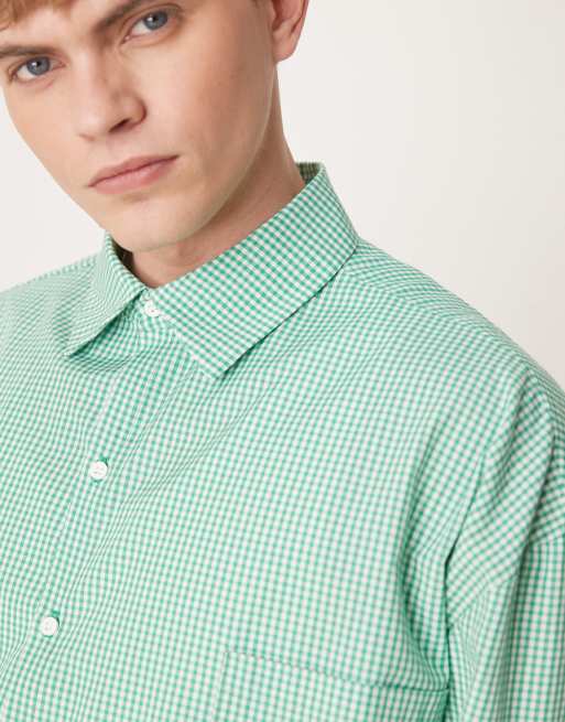 ASOS DESIGN volume oversize boxy shirt in micro green plaid, 4 of 4
