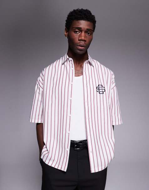 ASOS DESIGN volume oversize stripe shirt with chest embroidery in white - view 1