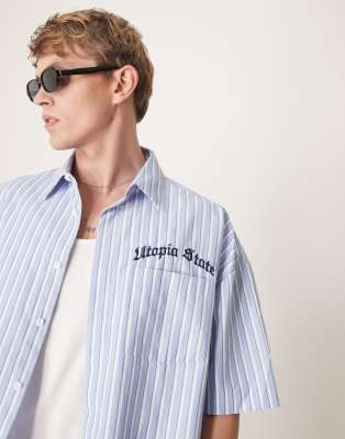 Asos Design Relaxed Linen Look Shirt With Square Collar In Pale Blue In Blue