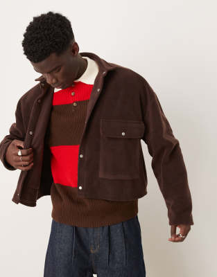 volume oversized cropped shacket in brown fleece-Red