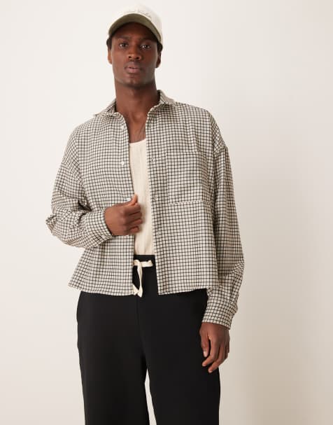 ASOS DESIGN volume oversized cropped shirt in neutral check - view 1
