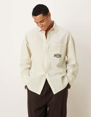 Asos Design Volume Oversized Seersucker Shirt With Chest Embroidery In Neutral