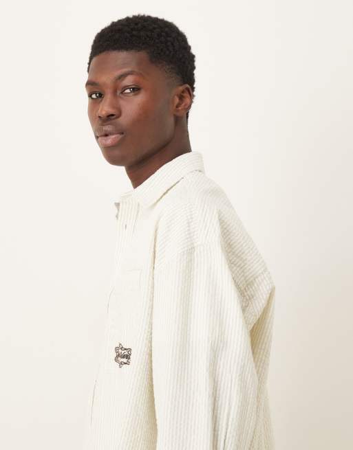 ASOS DESIGN volume oversized seersucker shirt with chest embroidery in sage green, 4 of 5