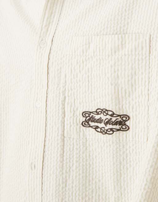 ASOS DESIGN volume oversized seersucker shirt with chest embroidery in sage green, 5 of 5