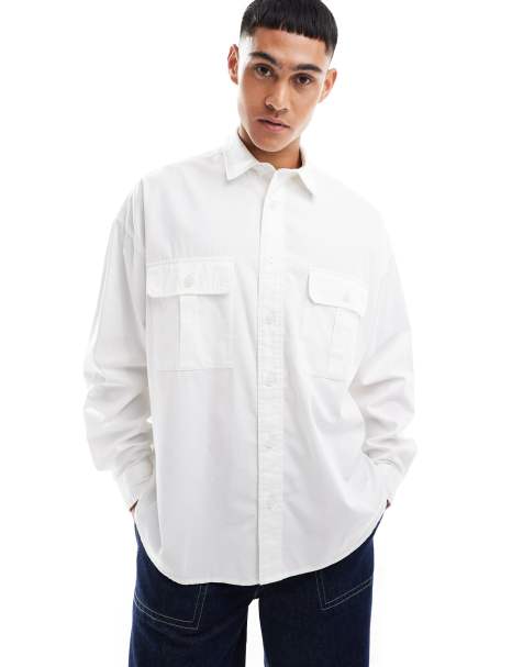 ASOS DESIGN volume oversized shirt with cargo pockets in white - view 1