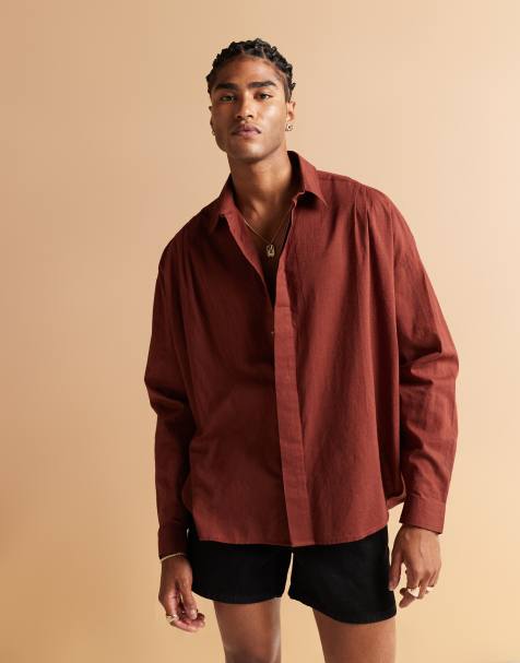 ASOS DESIGN volume oversized shirt with concealed buttons in burgundy - view 1