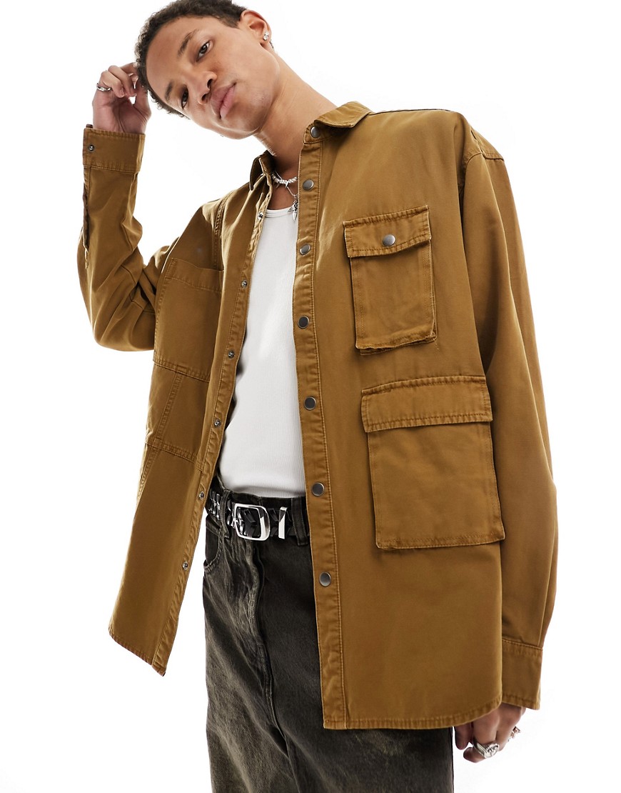 Asos Design Volume Oversized Shirt With Panel Detailing And Cargo Pockets In Rust-brown